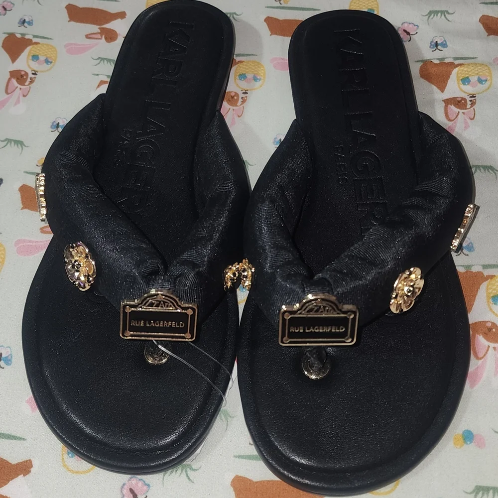 Karl Lagerfeld Black Plush Sandals - Picture 1 of 2